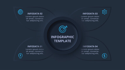 Neumorphic flowchart dark iinfographic. Creative concept for infographic with 4 steps or processes.