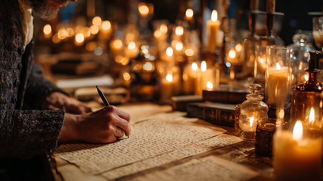 close view of person writing handwritten notes on paper documents by candle light in a dim interior with warm glow and contemplative focused working atmosphere