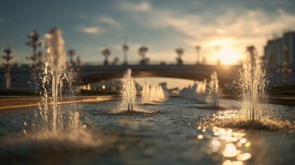 Fototapeta premium Fountains spray water as the sunlight reflects on the water. A bridge stands over the fountains while the fountains and water shimmer in the soft evening light.