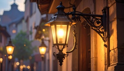 Ornate street lamps illuminating a European alleyway at twilight