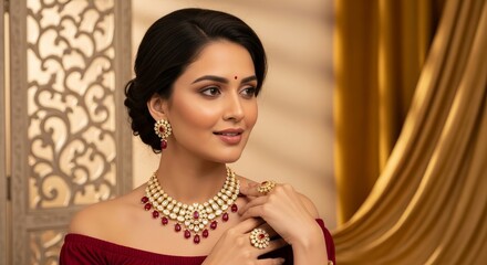 Portrait of a woman wearing gold jewelry with red stones and a red dress in a studio setting