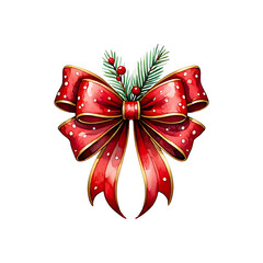 Fototapeta premium Festive Red Christmas Bow with Berries and Pine Needles Decoration Illustration for Holiday Season Celebrations