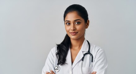 Portrait of a young woman doctor in a white coat with a stethoscope around her neck smiling