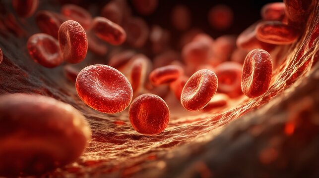 a detailed microscopic view showcases red blood cells flowing through a constricted blood vessel, illustrating potential circulatory issues.