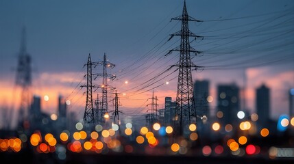 a silhouetted cityscape with towering electrical pylons against a vibrant twilight sky filled with blurred city lights.