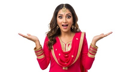 Surprised woman in pink salwar kameez with hands open on a white background looking at the camera