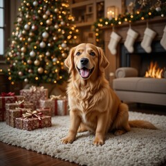 Happy golden retriever dog sitting near christmas tree with presents at home