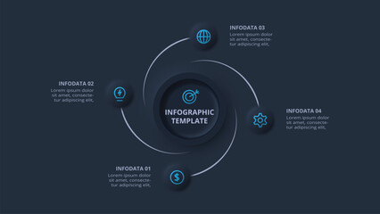 Obraz premium Neumorphic flowchart dark iinfographic. Creative concept for infographic with 4 steps or processes.