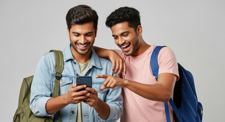Two smiling young men looking at a smartphone with backpacks against a neutral colored background