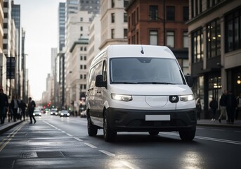 Fototapeta premium Medium shot of an electric delivery van in sharp focus, cruising through a bustling city with blurred pedestrians and urban buildings. Ideal for eco-friendly urban logistics.