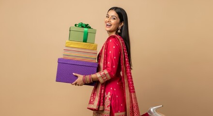 Smiling woman in red salwar kameez holding a stack of colorful gift boxes against beige background