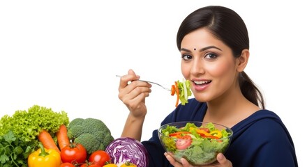 Woman eating salad with fork and bowl in hand surrounded by fresh vegetables on white background