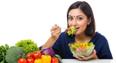 Woman eating salad with fresh vegetables including lettuce tomato broccoli and bell peppers on white