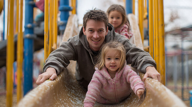 father and two children having fun on playground slide in the park during sunny outdoor playtime showing family connection joyful activity and happy parenting