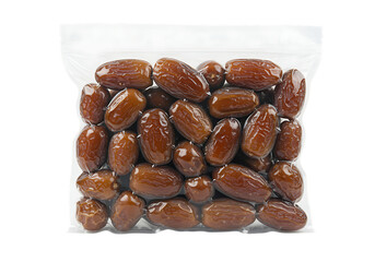 Obraz premium Pile of delicious dates inside a clear plastic bag on transparent background
