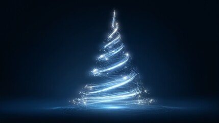 a digitally rendered christmas tree constructed from swirling blue light trails against a dark background evokes a futuristic and ethereal holiday aesthetic.