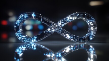 a glowing infinity symbol constructed from circuit boards and illuminated with bright white lights is reflected on a dark glossy surface against a blurred background.