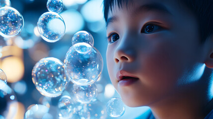 Close-up of a young child's face, awestruck by shimmering soap bubbles floating nearby. 