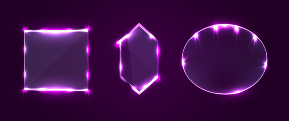 Purple neon glass frame on dark background. Purple glowing glass frame for your creative design. Vector illustration. Eps 10