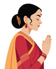A Indian women wearing saree namaste pose Vector illustration.