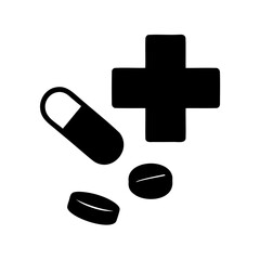 Fototapeta premium Black and White Silhouette of Medical Cross with Medication and Tablet Pills