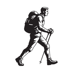 Detailed illustration of a hiker with backpack and poles
