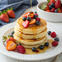 breakfast dish with pancakes honey and fresh ber