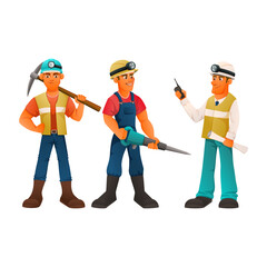 Illustration of three male miners with tools and safety gear, ready to work