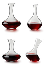 Various elegant glass decanters filled with rich red wine on a clean white background