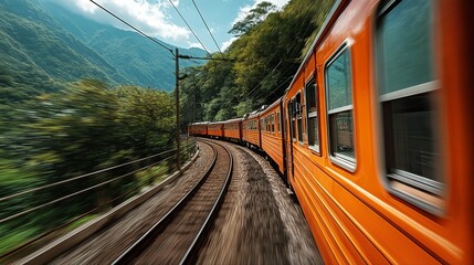a vibrant orange train curves along a winding track through lush green mountains in a dynamic motion blur.