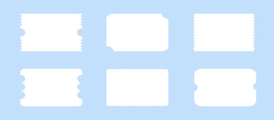 Collection of white ticket mockups with ruffle edges. Ticket, coupon, lottery ticket. Vector illustration. Eps 10