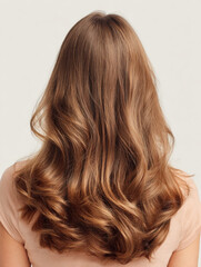 Fototapeta premium Long flowing wavy hair in soft light, showcasing a beautiful hairstyle from a rear view