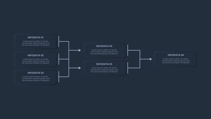 Neumorphic flowchart dark iinfographic. Creative concept for infographic with 6 steps or processes.