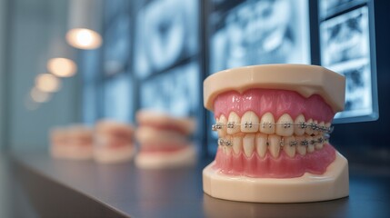a dental model with braces stands prominently in focus against a blurred background of similar models and a window.