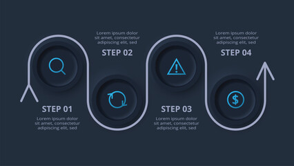 Neumorphic flowchart dark iinfographic. Creative concept for infographic with 4 steps or processes.