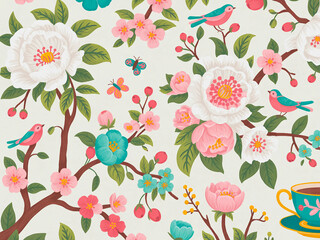 A luxurious botanical illustration featuring a dramatic arrangement of flowers and birds