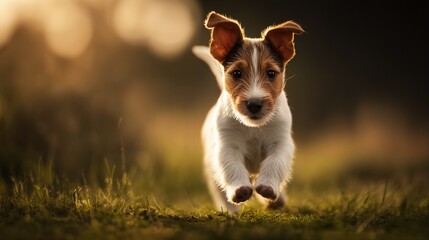 a charming jack russell terrier puppy playfully sprints through a sun-drenched field of tall grass.