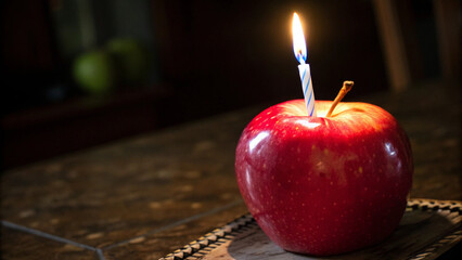 Glossy apple with candle flame on top, symbolizing unique birthday celebration in a moody dark scene