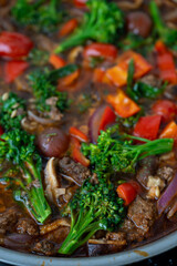 Close up of Healthy One Pot Meal of Ground Bison, Mushrooms, Broccoli, Barley, and Quinoa with Fresh Herbs