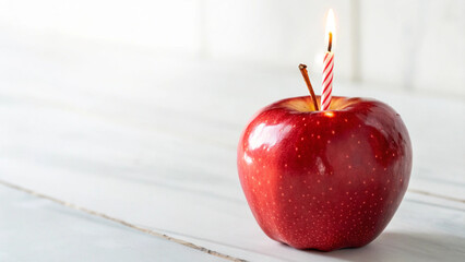 Glossy apple holding a birthday candle, softly glowing in a clean and bright white setting.