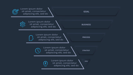Neumorphic flowchart dark iinfographic. Creative concept for infographic with 5 steps or processes.