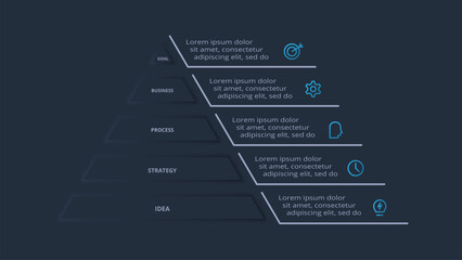 Neumorphic flowchart dark iinfographic. Creative concept for infographic with 5 steps or processes.