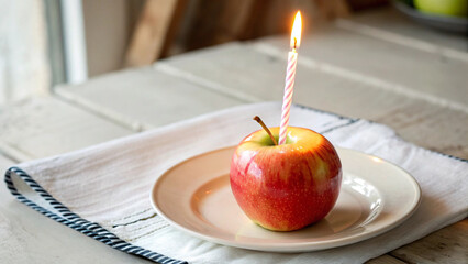 Bright red apple crowned with a glowing birthday candle, glowing warmly on a plain white background.
