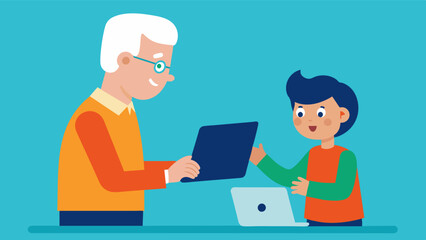 A child showing an elderly person how to use a modern technology device bridging the generational gap and promoting cognitive flexibility.. Vector illustration