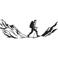 Hiker with poles crossing mountain gap vector graphic Keywords: hiker, silhouette, mountain