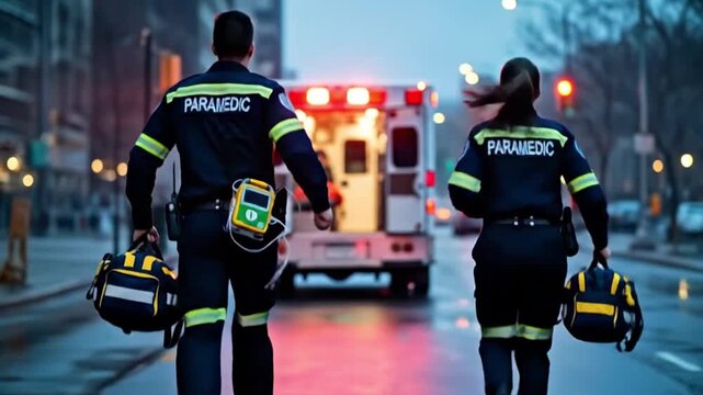 Emergency Treatment: Paramedics rush to action with medical bags beside ambulance, urgent emergency response scene.
