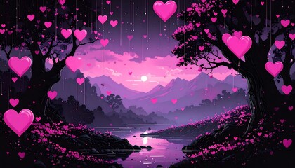 Pink hearts fall in a romantic landscape