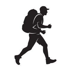 Silhouette of a running hiker with backpack and poles