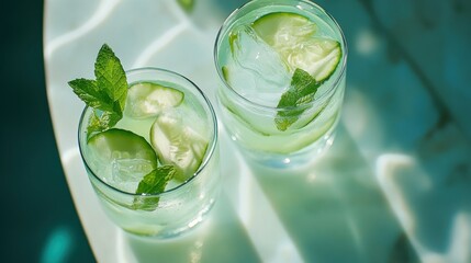 Refreshing cucumber mint drink overhead view green and cool summer beverage healthy lifestyle concept