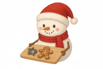 Snowman wearing santa hat and scarf holding gingerbread man cookie and star cutter, christmas baking